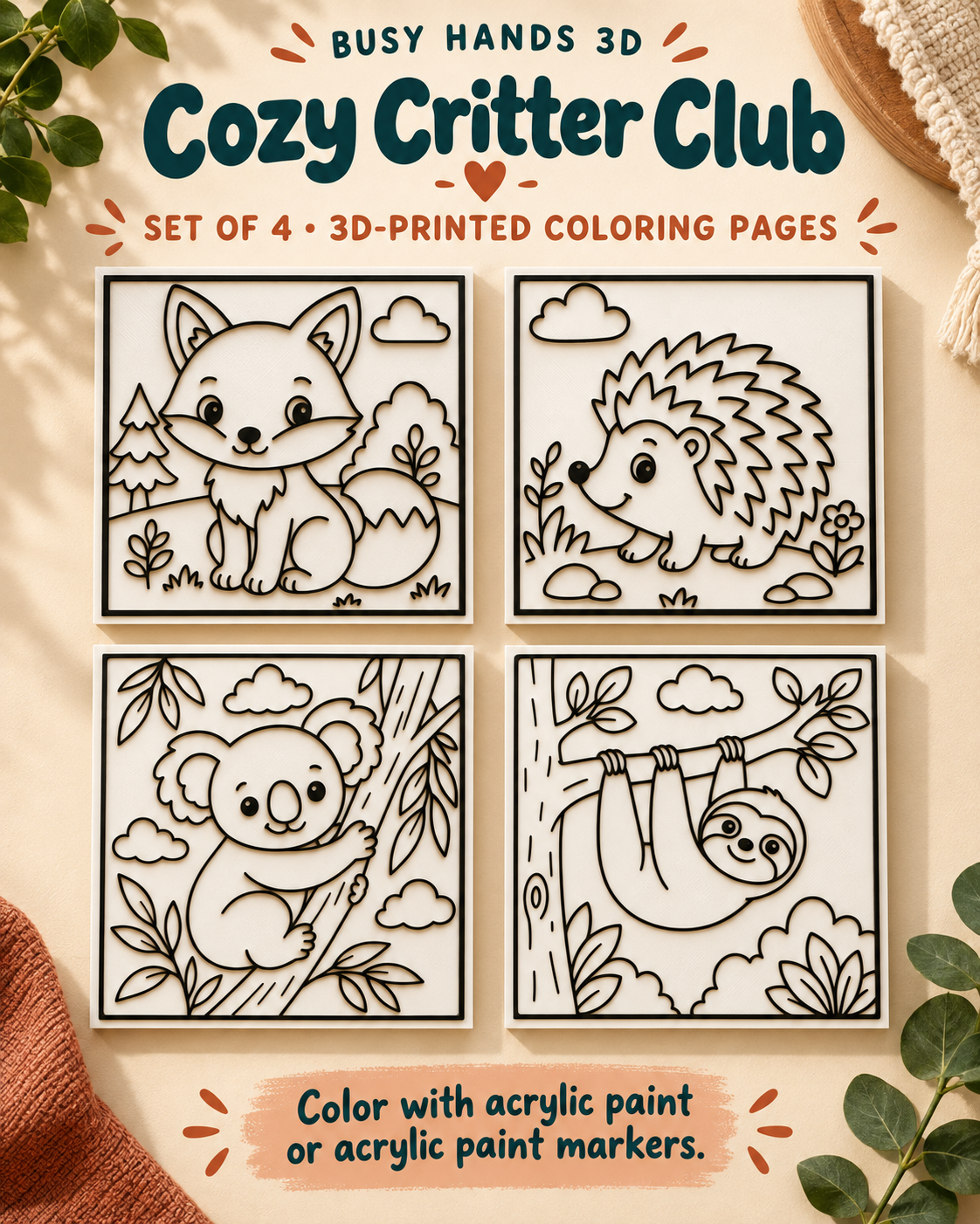 Cozy Critter Club woodland animal set of 4 3D printed coloring pages