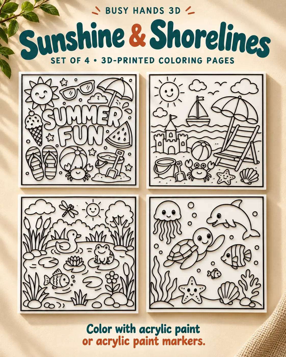 Sunshine and Shorelines beach set of 4 3D printed coloring pages