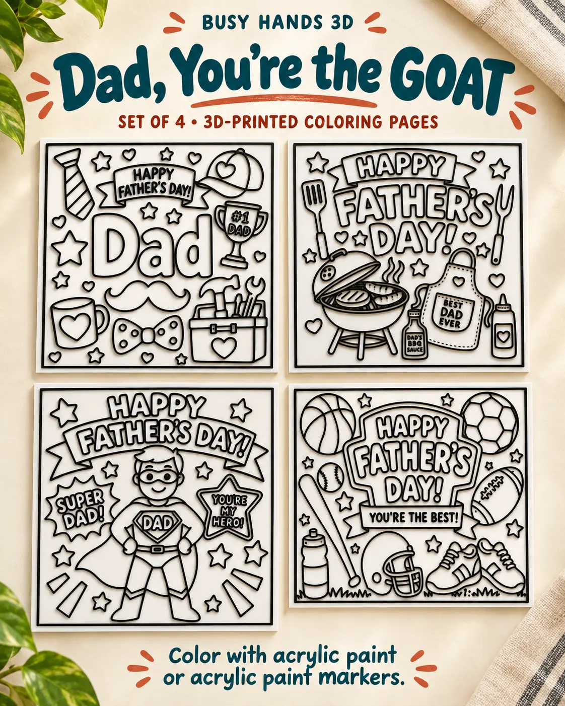 Dad, You're the GOAT set of 4 3D printed coloring pages