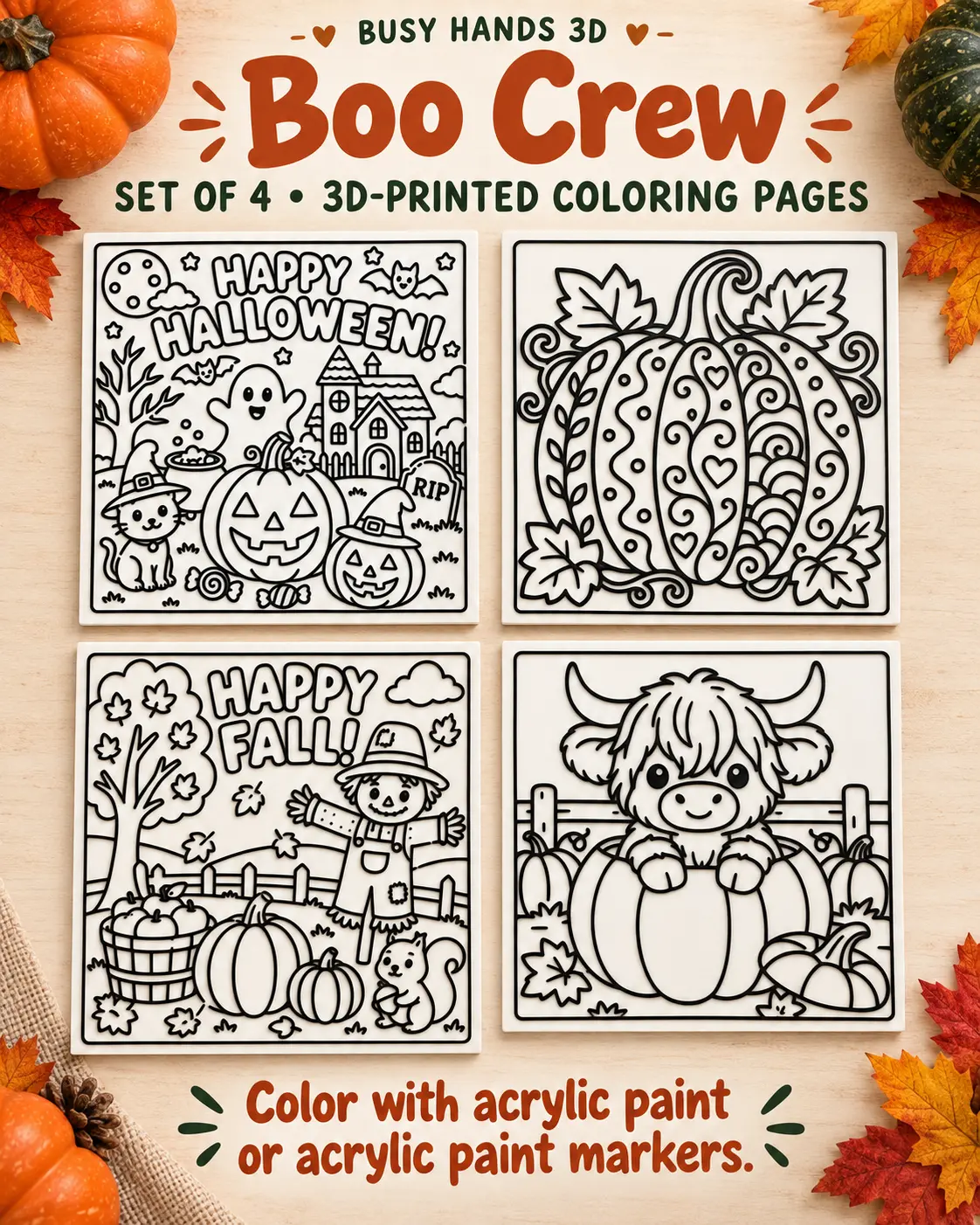 Boo Crew Halloween and fall set of 4 3D printed coloring pages