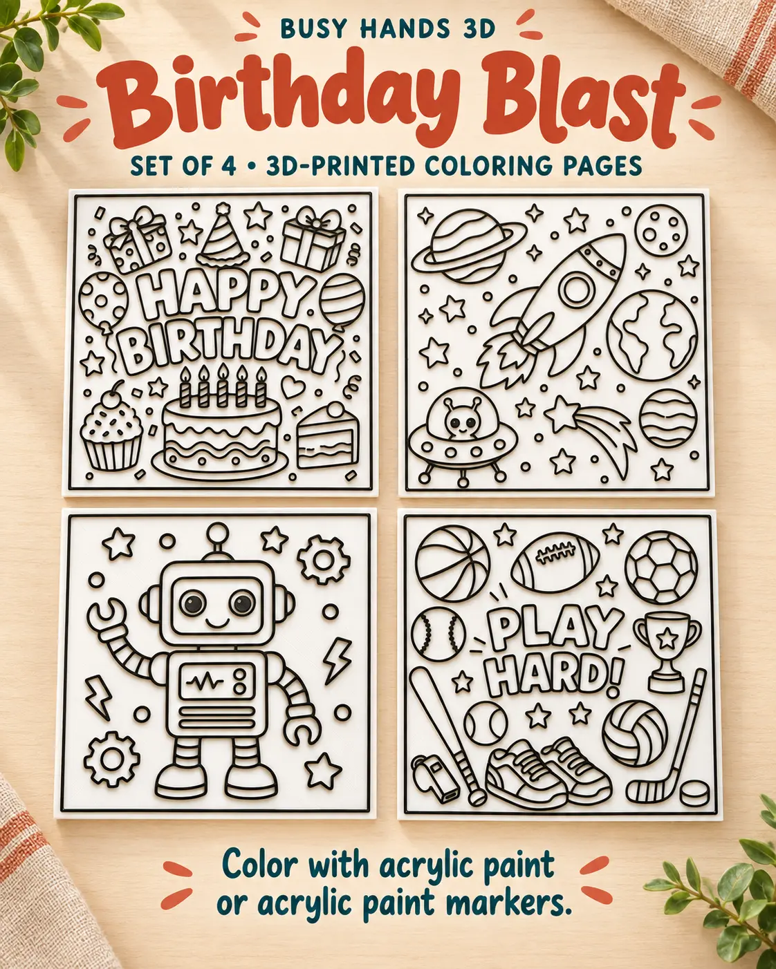 Birthday Blast set of 4 3D printed coloring pages