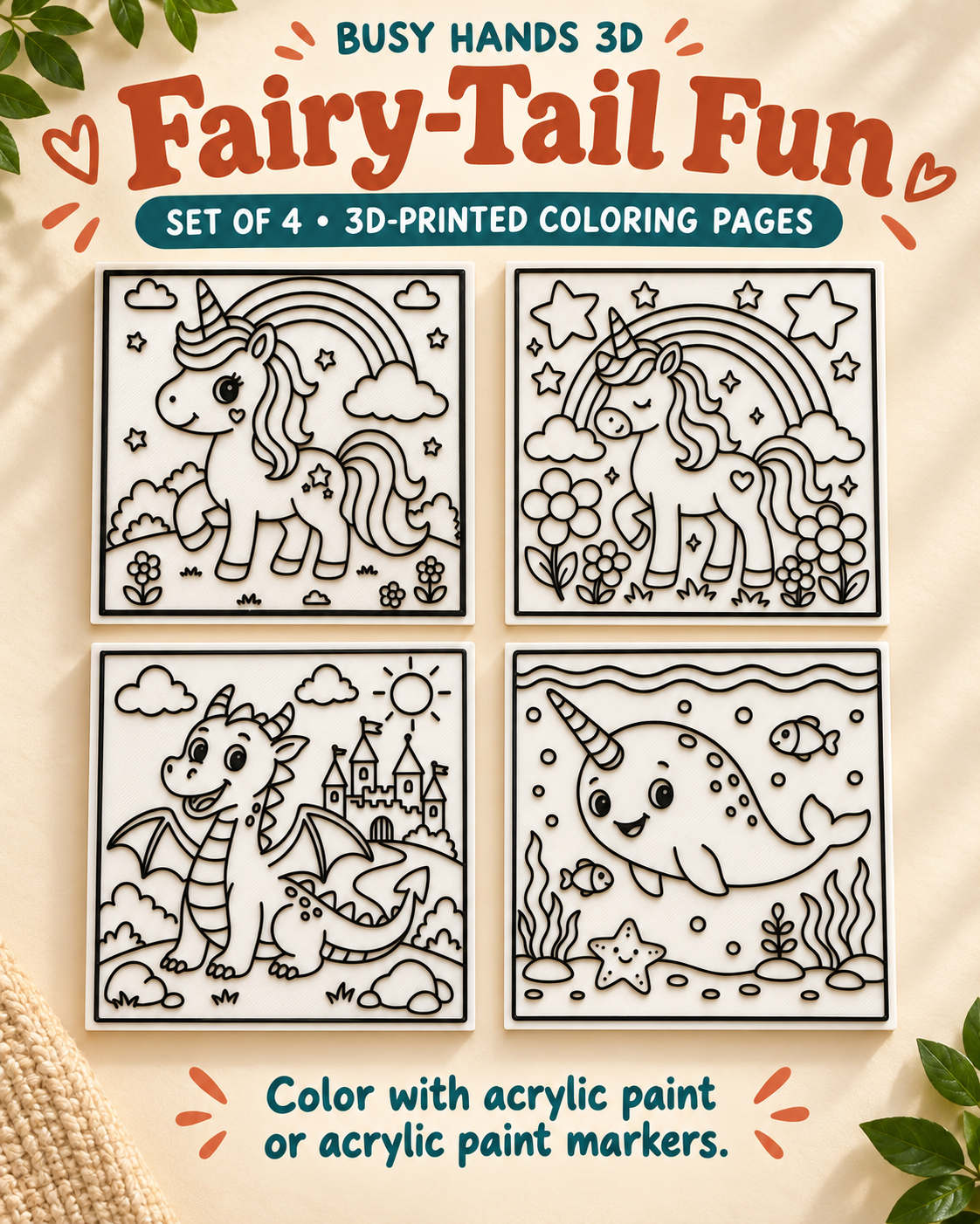 Fairy-Tail Fun unicorn and dragon set of 4 3D printed coloring pages