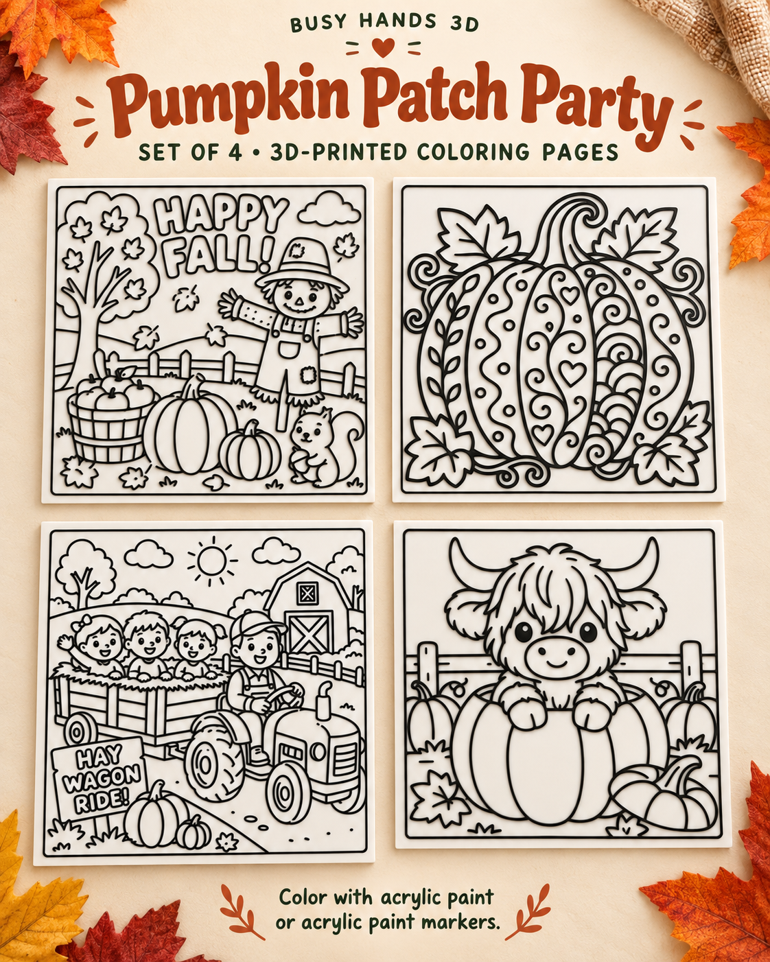 Pumpkin Patch Party fall set of 4 3D printed coloring pages