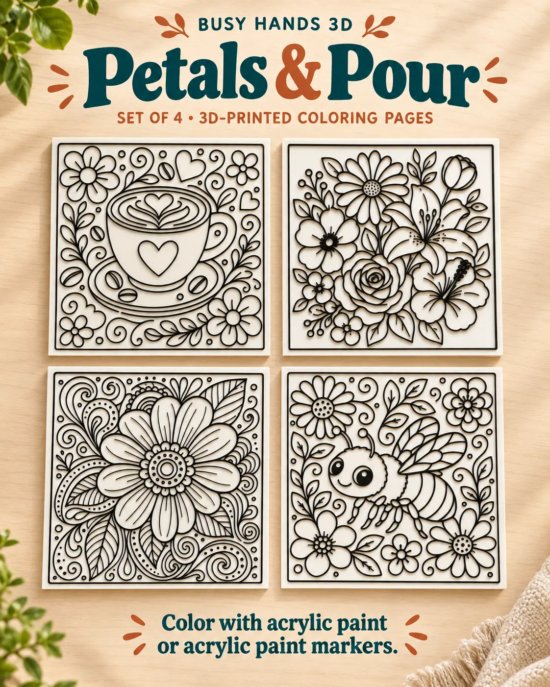 Petals and Pour floral set of 4 3D printed coloring pages