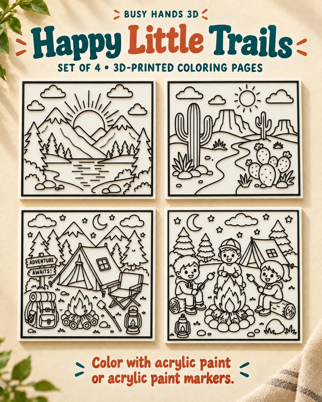 Happy Little Trails nature set of 4 3D printed coloring pages