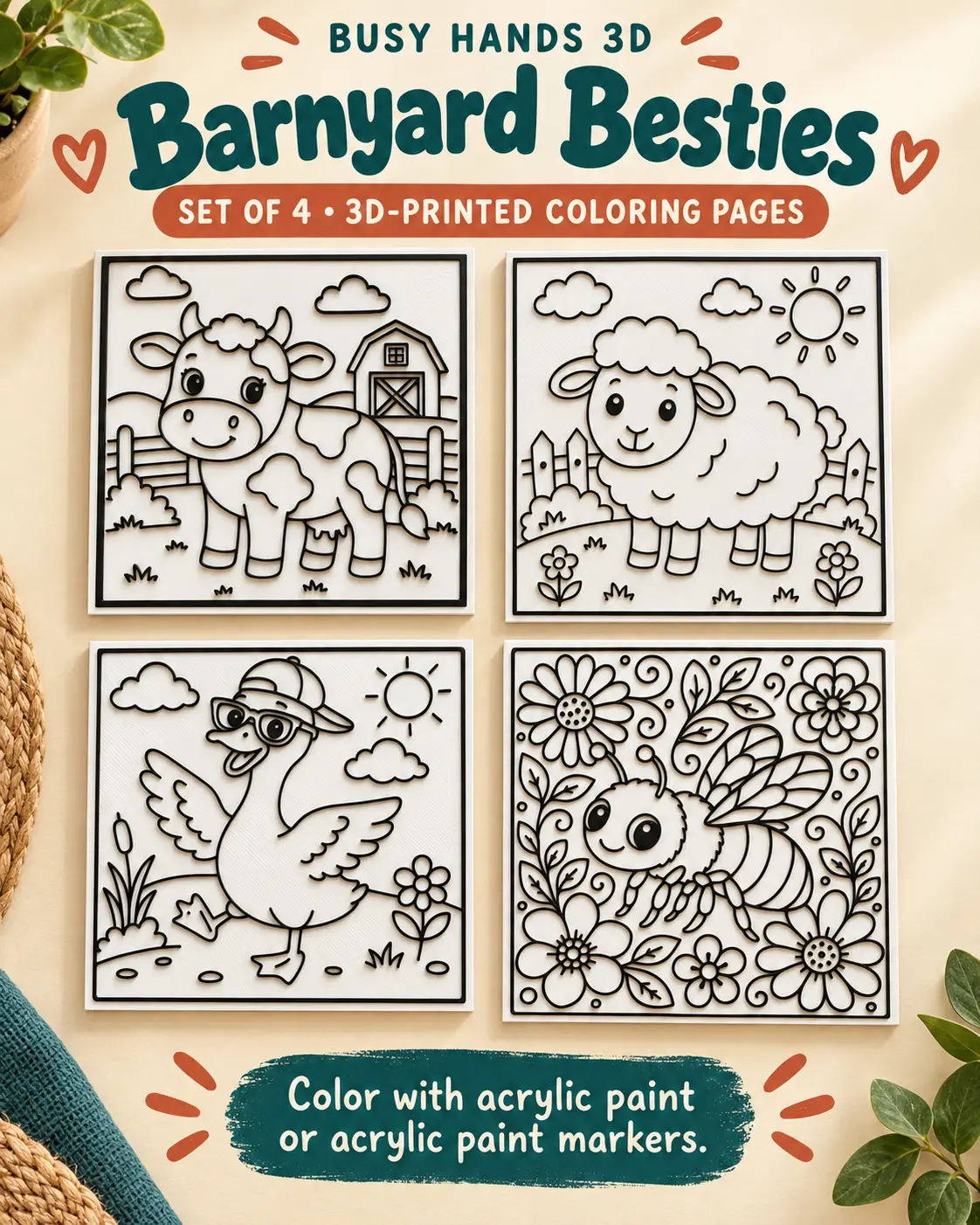 Barnyard Besties farm animal set of 4 3D printed coloring pages