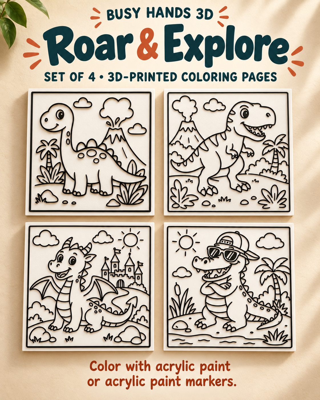 Roar and Explore dinosaur set of 4 3D printed coloring pages